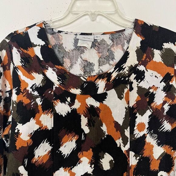 Hot Cotton Linen Top Small Boxy Lagenlook Blouse Abstract Print Black 3/4 Sleeve - Picture 4 of 6